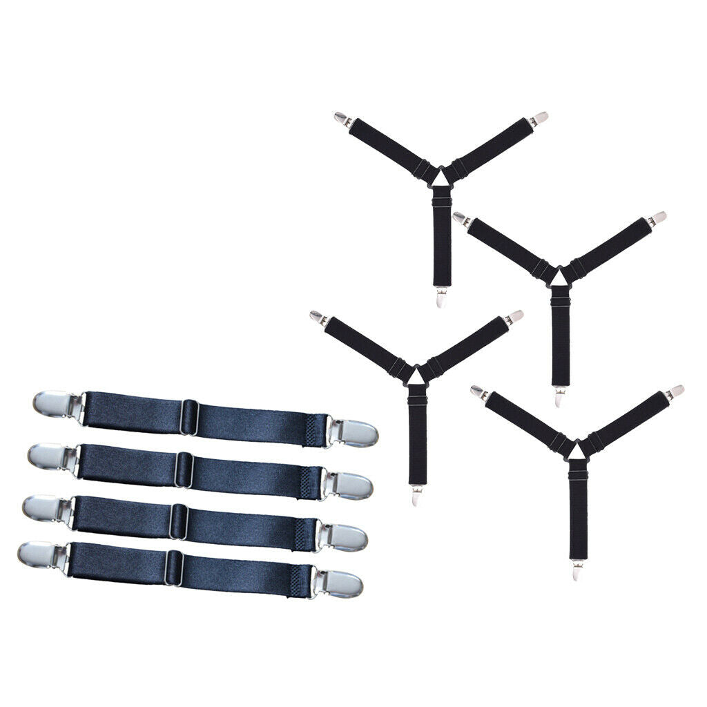 8 Pieces Black Bed Sheet Grippers Suspenders Fastener Clips 3-Head & 2-Head