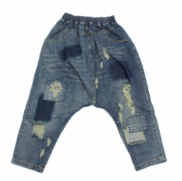 Women Denim Floral Printed Baggy Harem Pants Loose Cropped Jeans Trousers One sz