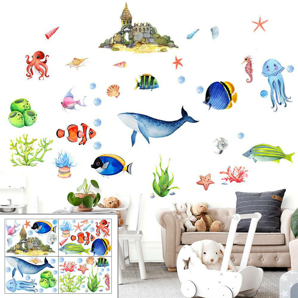 4pcs DIY Ocean Animals Wall Decals Bathroom Bedroom Living Room Poster