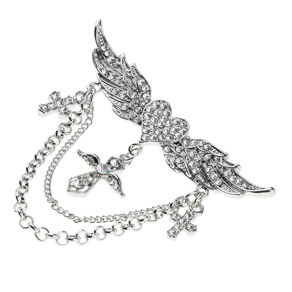 2 Pieces Rhinestone Flying Wings Heart Cross Chain Tassel Pin Collar Brooch