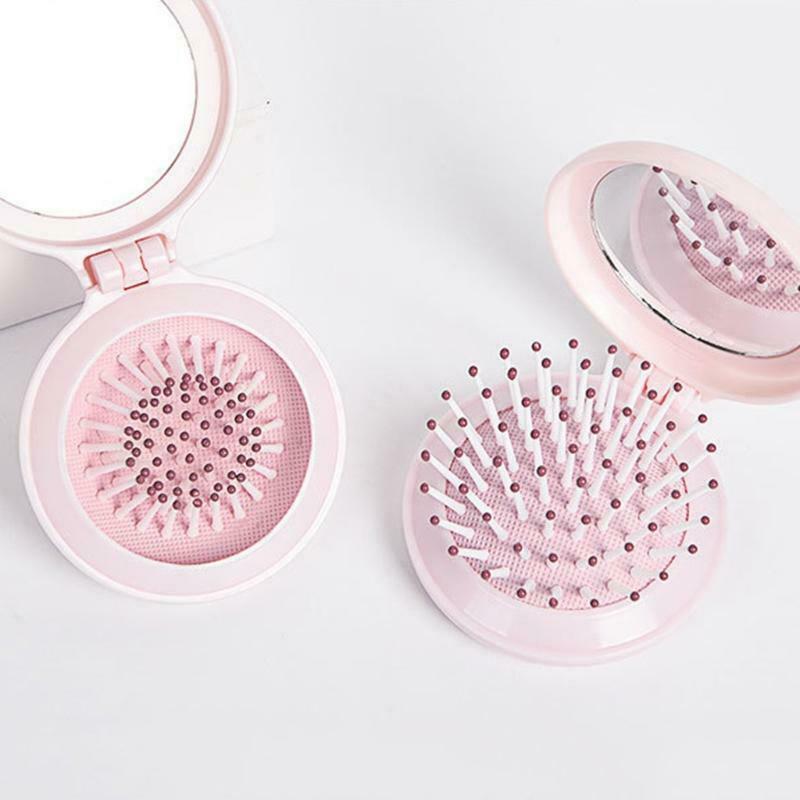 Portable Round Mirror Hair Comb Folding Massage Hair Brush Mini Airbag Combs