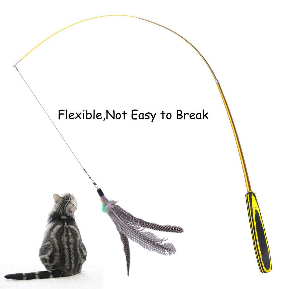 Interactive Cat Teaser Wand Rod Bird Feather Wire Chaser Funny Toys Retractable