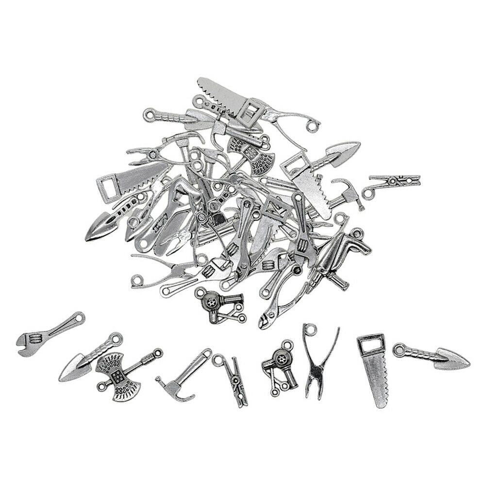 50Pcs Metal Mixed Tools Charms Pendant, Hammer Piler Wrench Charm Pendant,