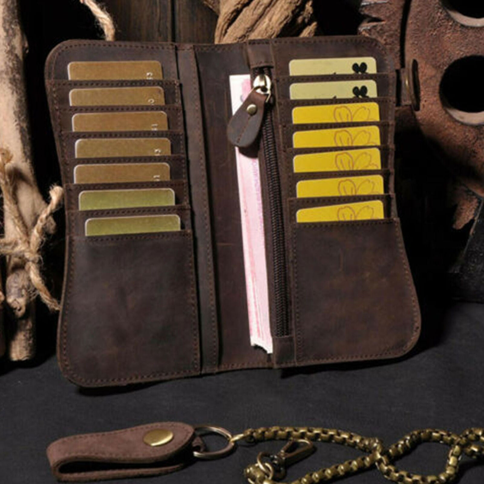 Men's Leather Credit ID Cards Holder Long Chain Wallet Biker Trucker Heavy Thick