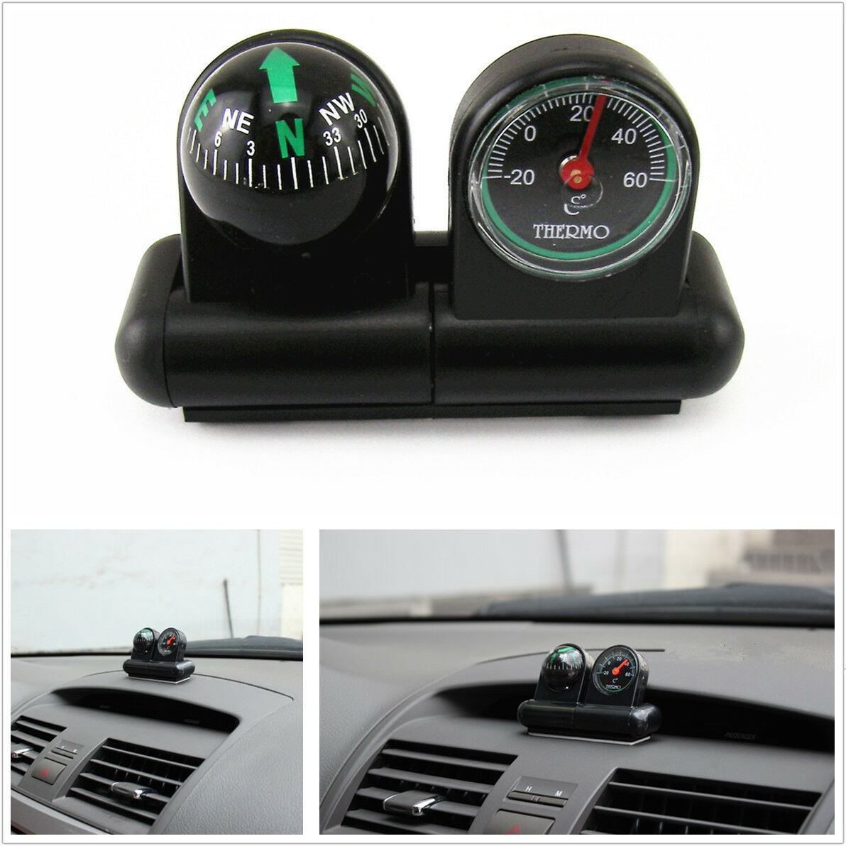 Car 2in1 Black Removable Guide Directional Ball Compass & Thermometer Adhesive