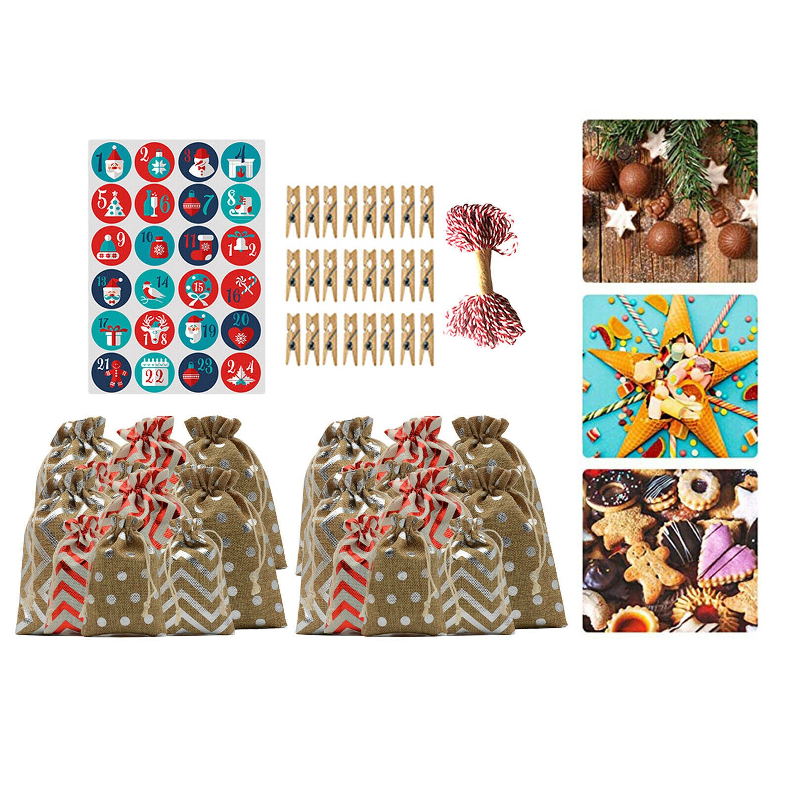 Set of 24 Christmas Advent 24 Days Burlap Countdown Candy Gift Bags 10x14cm