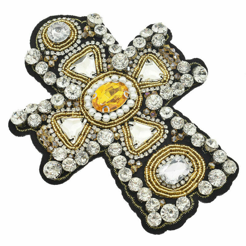 Rhinestone Beaded Cross Patch Handmade Sew on Applique Badge for Clothing Dress