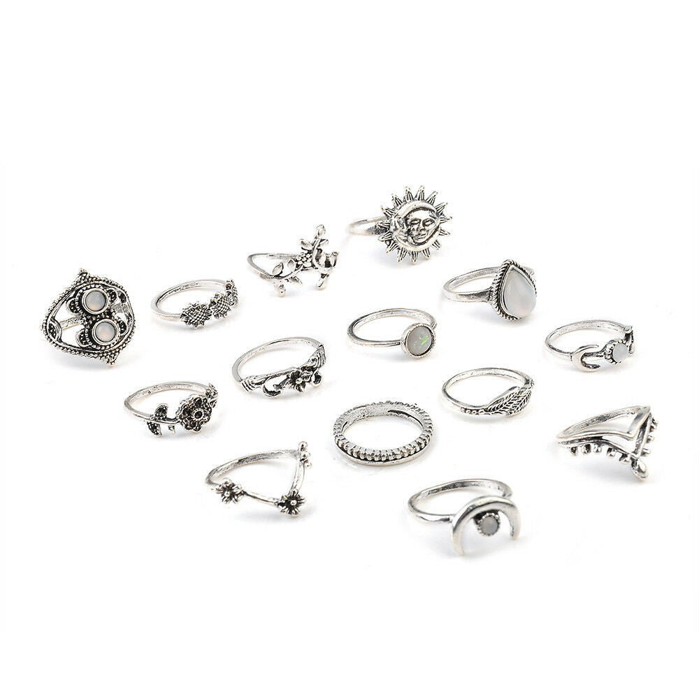 14 PCS/set BOHO Moon & Sun Knuckle Opal Finger Ring Leaf Flower Midi Rings HS67
