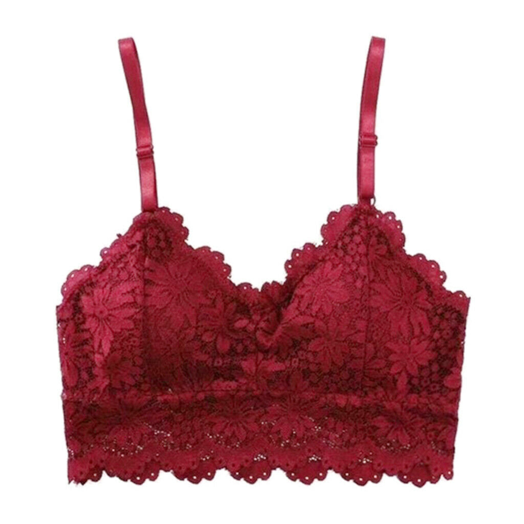 Womens Lace Floral Bralette Bra Bustier Padded Crop Top Tank Tops Wine Red