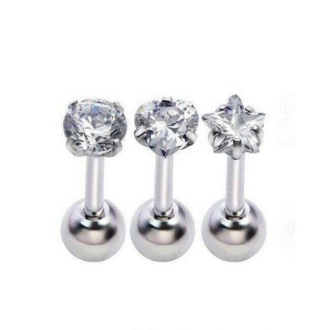 3Pcs Assorted 316L  Steel Clear Zircon  Piercing Studs