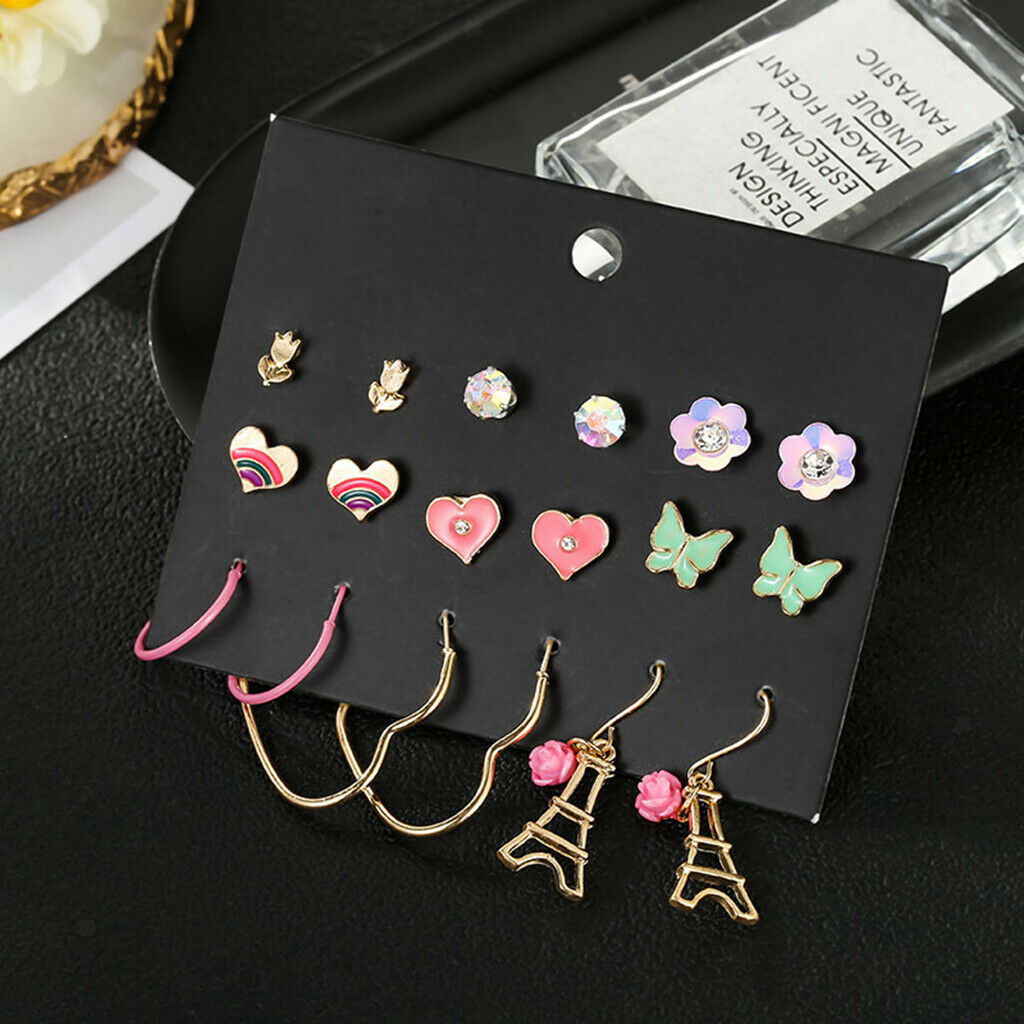 9Pairs Enamel Stud Earrings Butterfly Womens Statement Drop Earrings Jewelry
