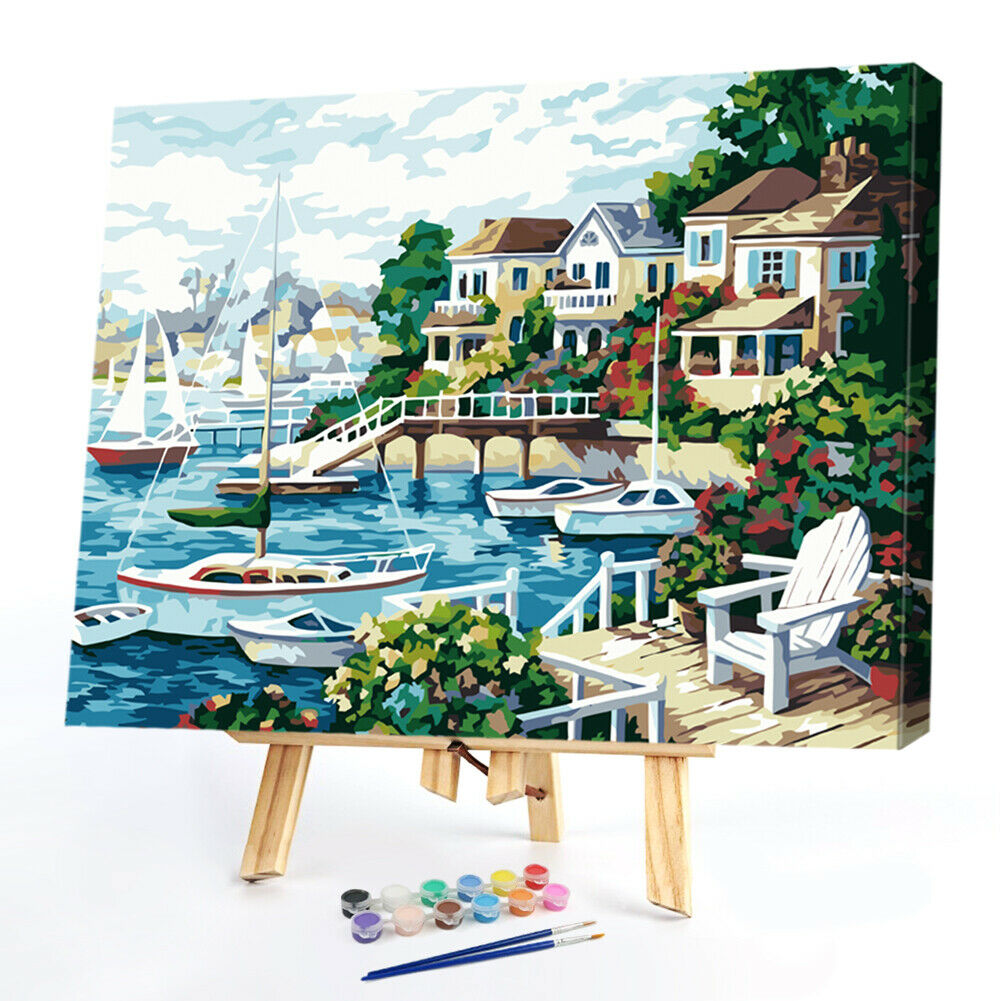 DIY Painting By Number Kit Modern Sea Houses Wall Decor Canvas Coloring Art @