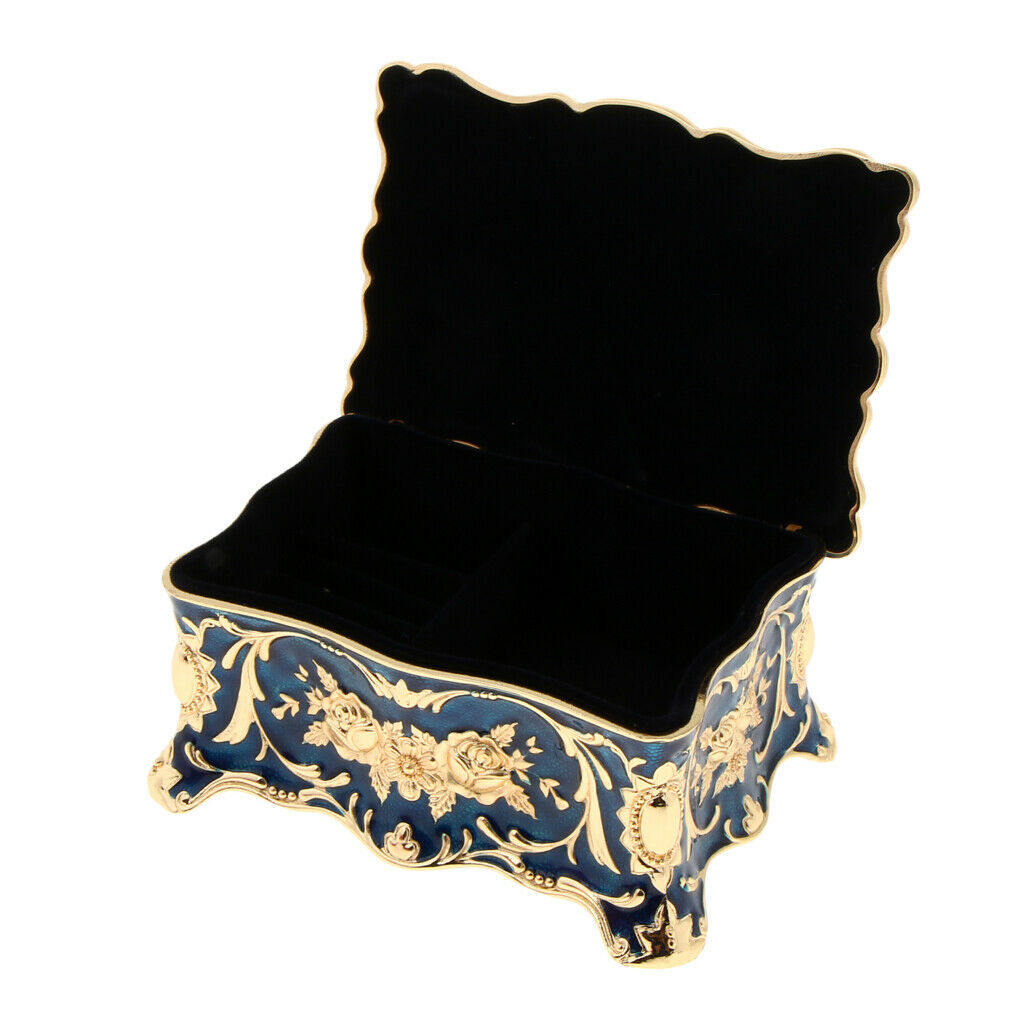 Retro Enamel Flower Sculpture Trinkets Chest Jewelry Box Organizer Dark Blue