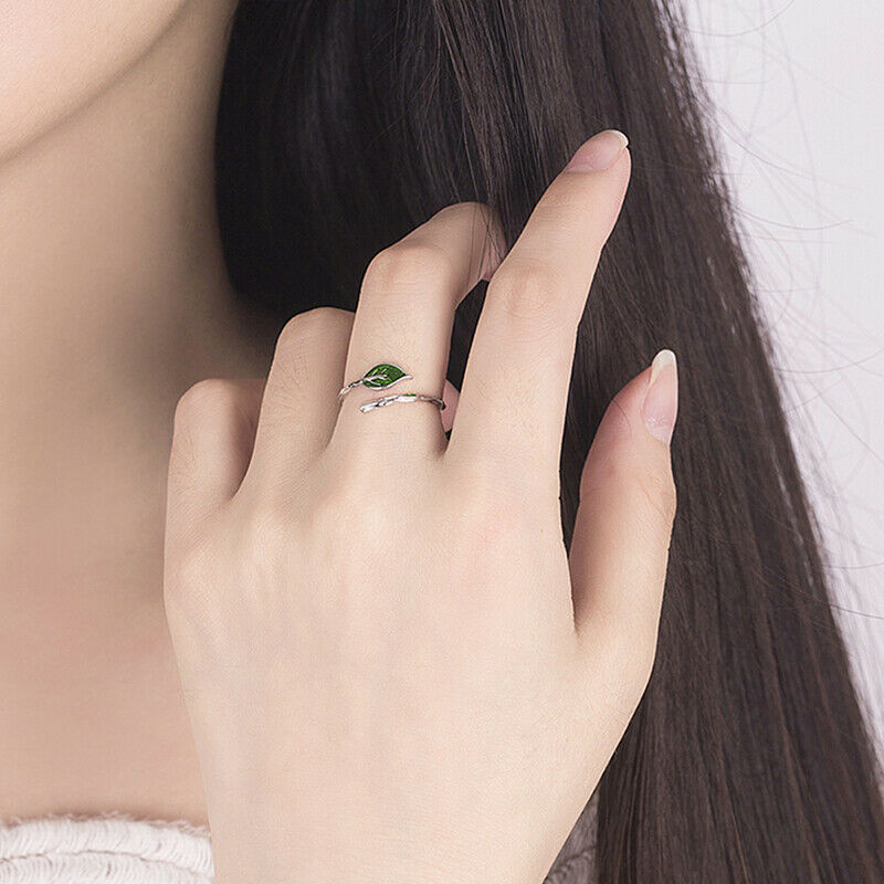 art small fresh branch green leaf ring Creative simple opening adjustable.l8