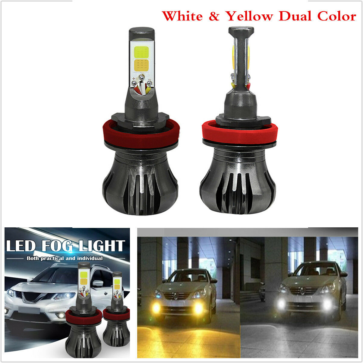 2xLED H8 H9 H11 White/Yellow DualColor COB Bulbs Flash Strobe Blinking Fog Light