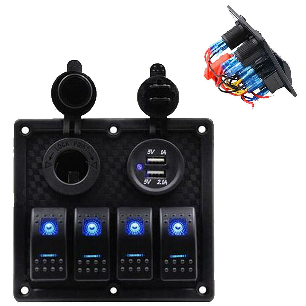 4 GANG Rocker Switch Panel Circuit Breaker Dual LED Car Marine Boat 12V 24V