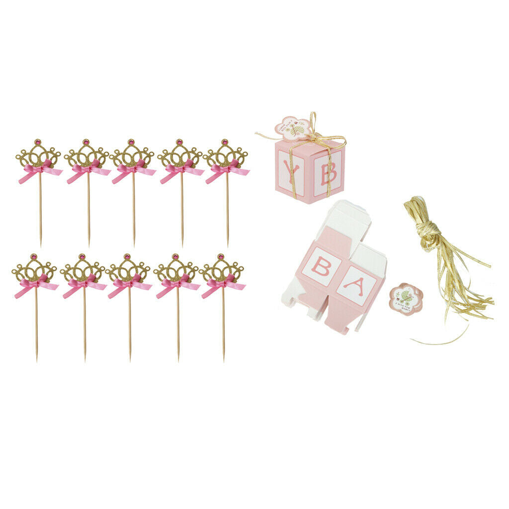 12xPink Paper Candy Gift Boxes Baby Shower Favors+20xCrown Cake Topper Picks