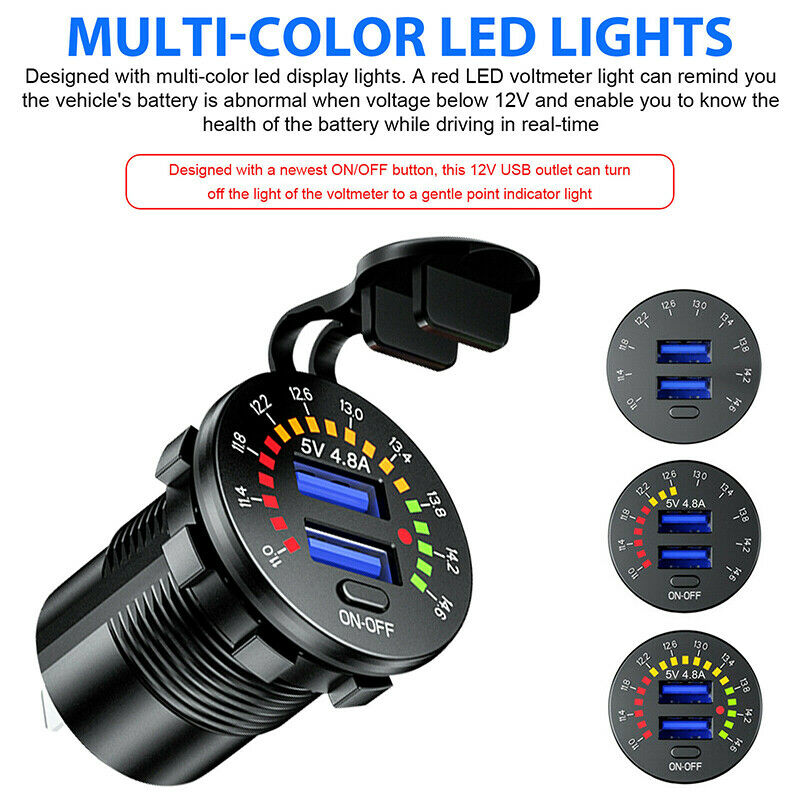 2 in 1 12V 4.8A Dual USB LED Car Fast Charger Socket Power Outlet Voltmeter