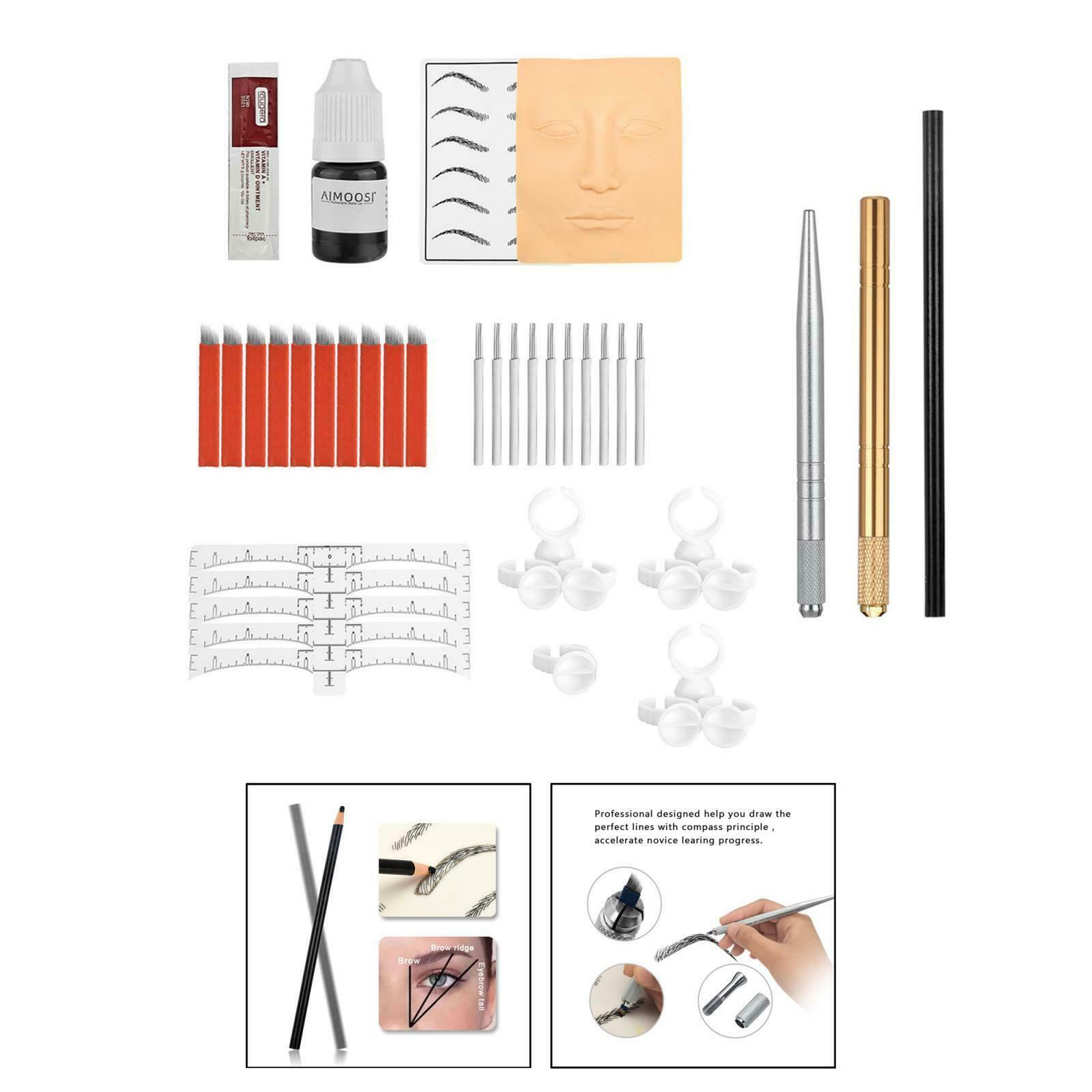 Permanent Eyebrow Tattoo Practice Kit Set Needle Pigment Ink Practise Skin