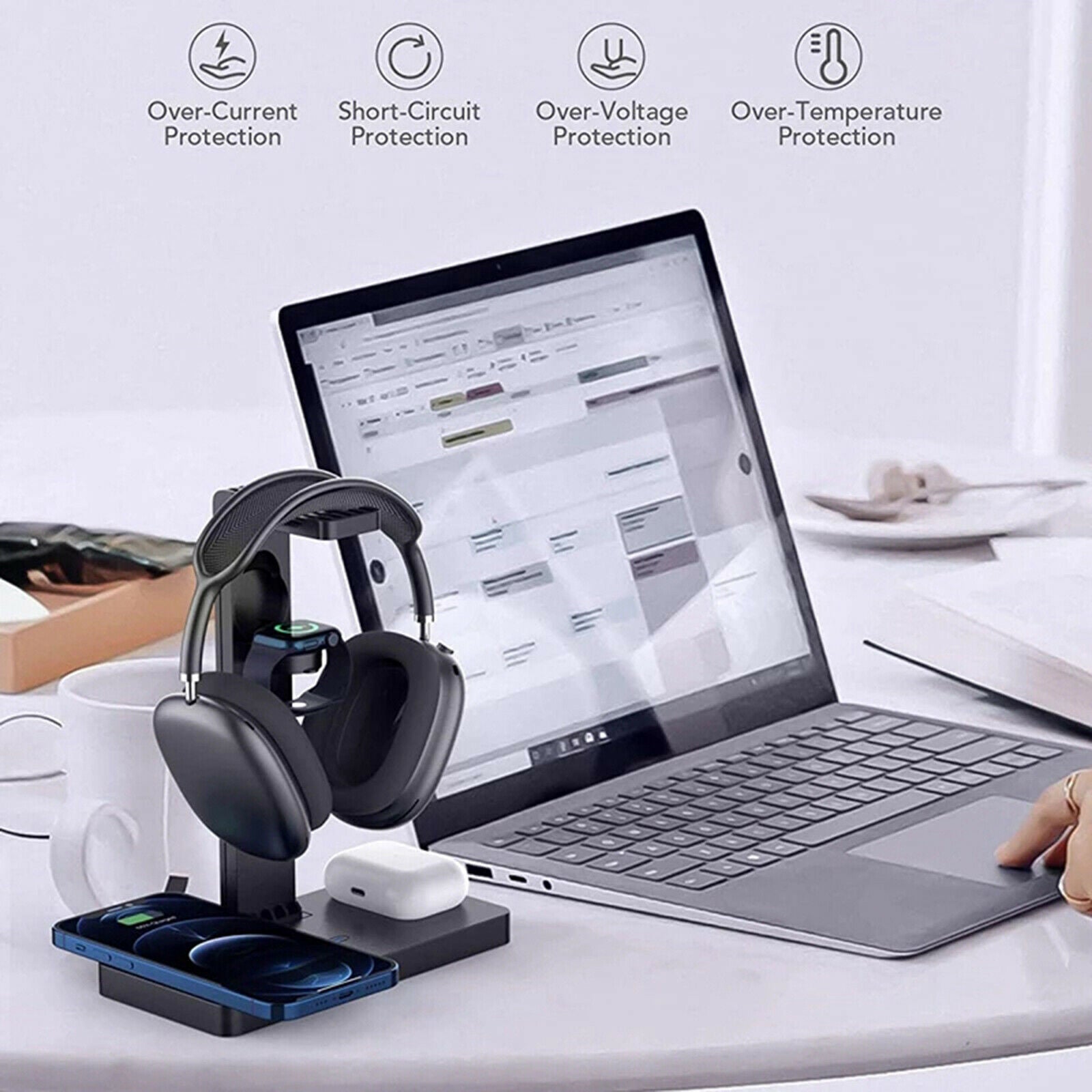4 in 1 Wireless Charger Fast Charger with Headset Holder Dual USB C-Port