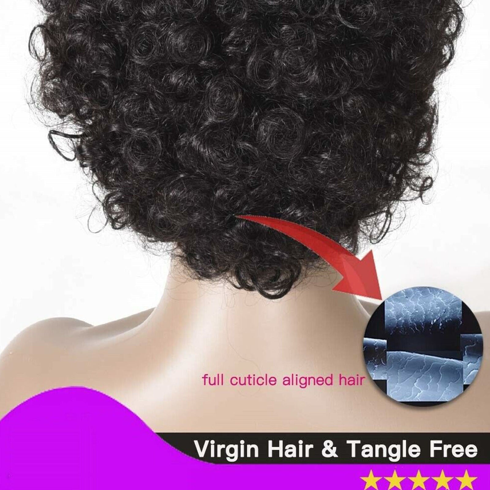 Women's Short Curly Wig w/Bangs Pixie Cut 150% Density Black Synthetic Hair