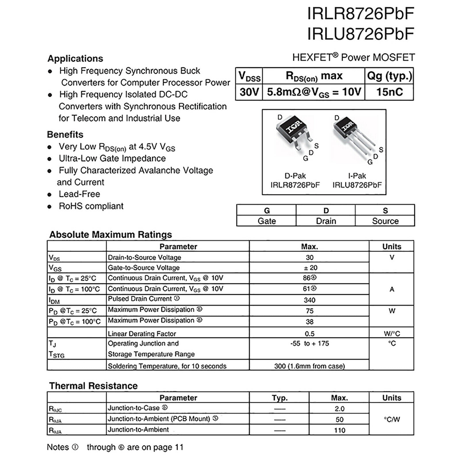 5Pcs IRLR8726TRPBF Transistor TO-252-3 N-Channel 30V/86A SMD Power MOSFET