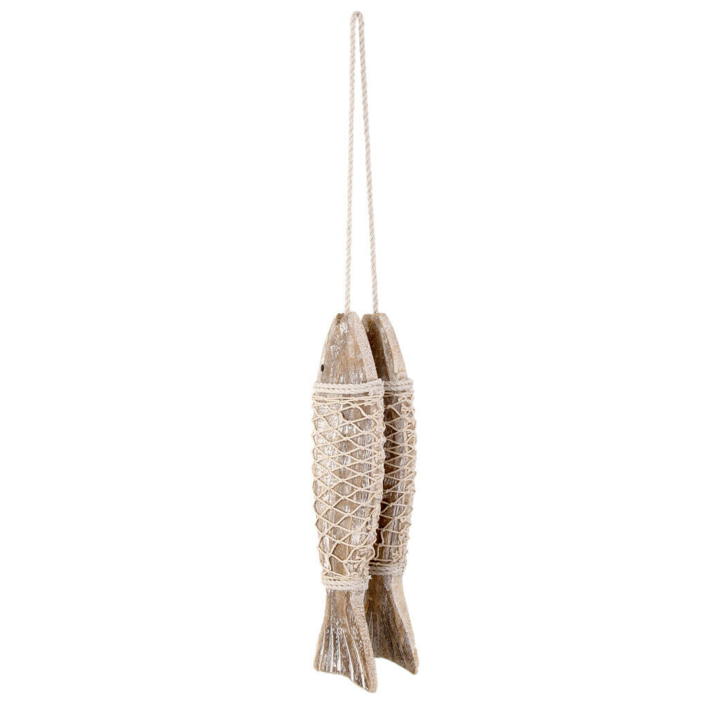2x Coastal Hand Carved Hanging Wooden Fish Shabby Chic Bathroom Gift Decor