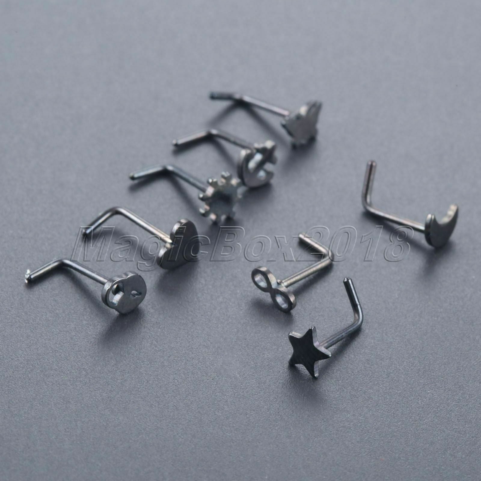 Stainless Steel L-Shape Nose Screw Nail Piercing Anchor Moon Star Heart Black