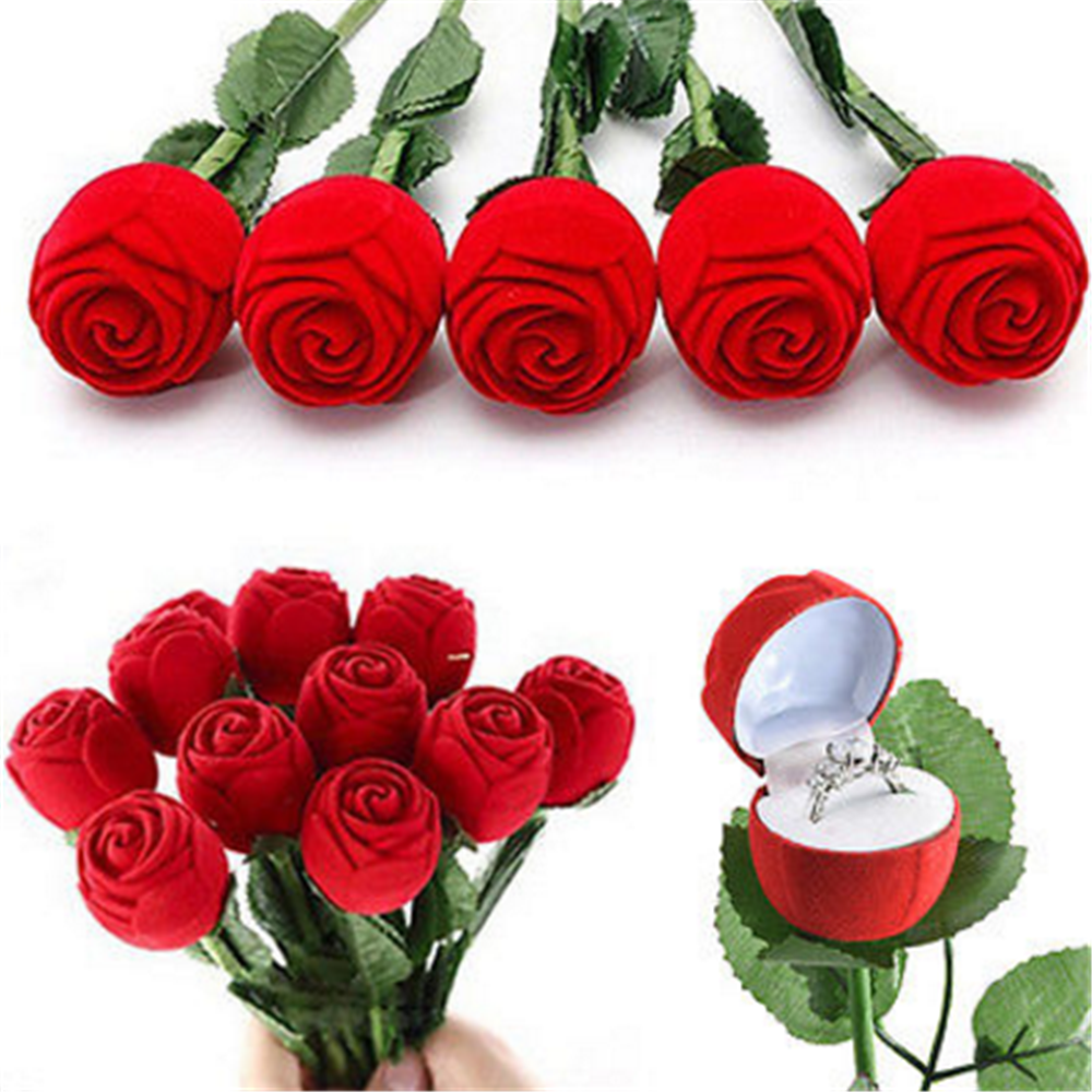 Red Rose Flower Velvet Ring Display Case Jewelry Storage Box Engagement Wedding