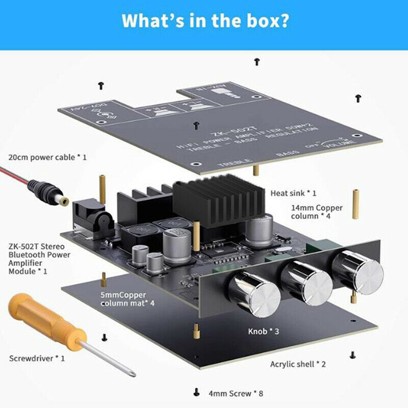 ZK-1002T 100W*2 Bluetooth 5.0 Amplifier Board 2-Ch Stereo Amplifier Treble BBDA