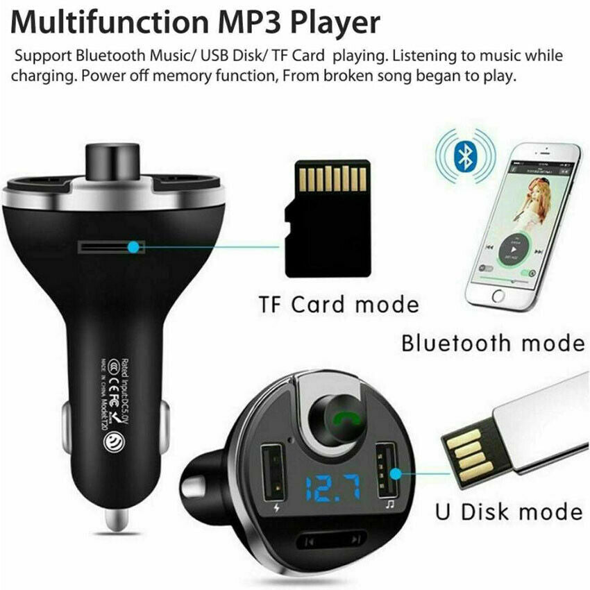Wireless In-Car Bluetooth FM Transmitter MP3 Radio Adapter Fast 2USB Charger