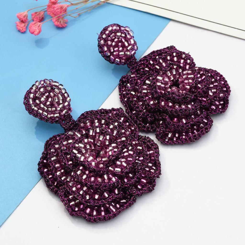 Exaggerated Rose Flower Dangle Earrings Beads Exquisite Studs Jewelry Purple