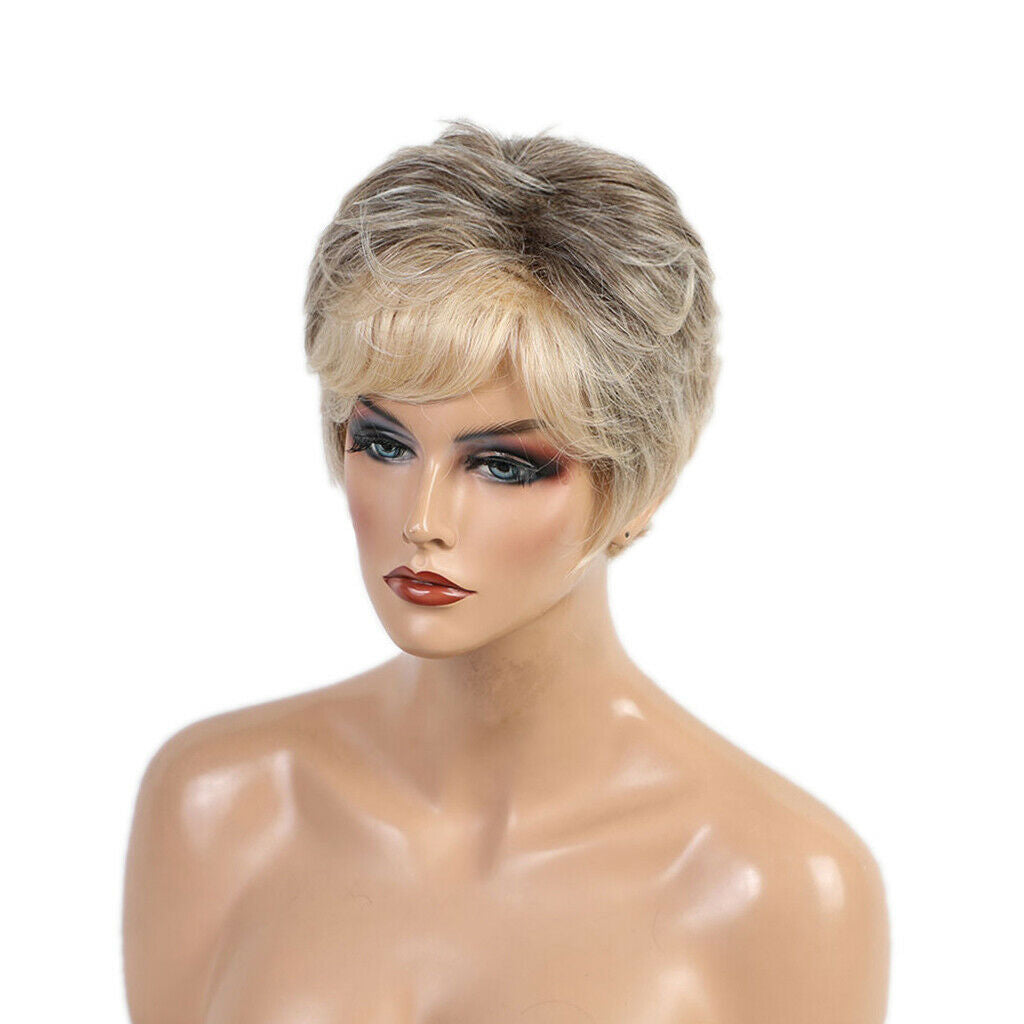 Human Hair Womens Side Part Wigs Costume Party Natural Pixie Cut Wig Mixed