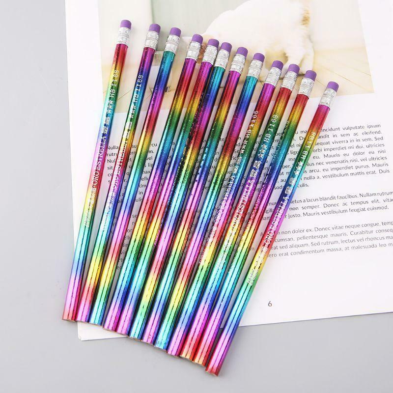 12Pcs Rainbow Pencil Wood Bright Color HB Drawing Painting Pencils Writing Pen