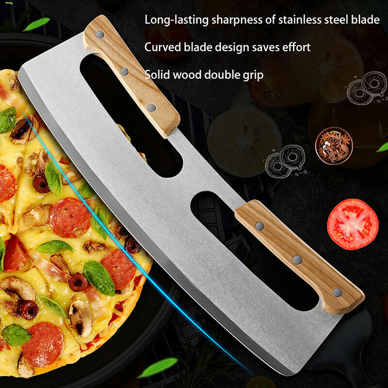 Kitchen Pizza Cutter Stainless Steel Wooden Double Handle Pizza Cutter PDEAU