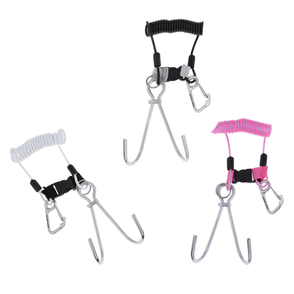 Scuba Diving Stainless Steel Dual Reef Hooks w/Spiral Coil Lanyard White