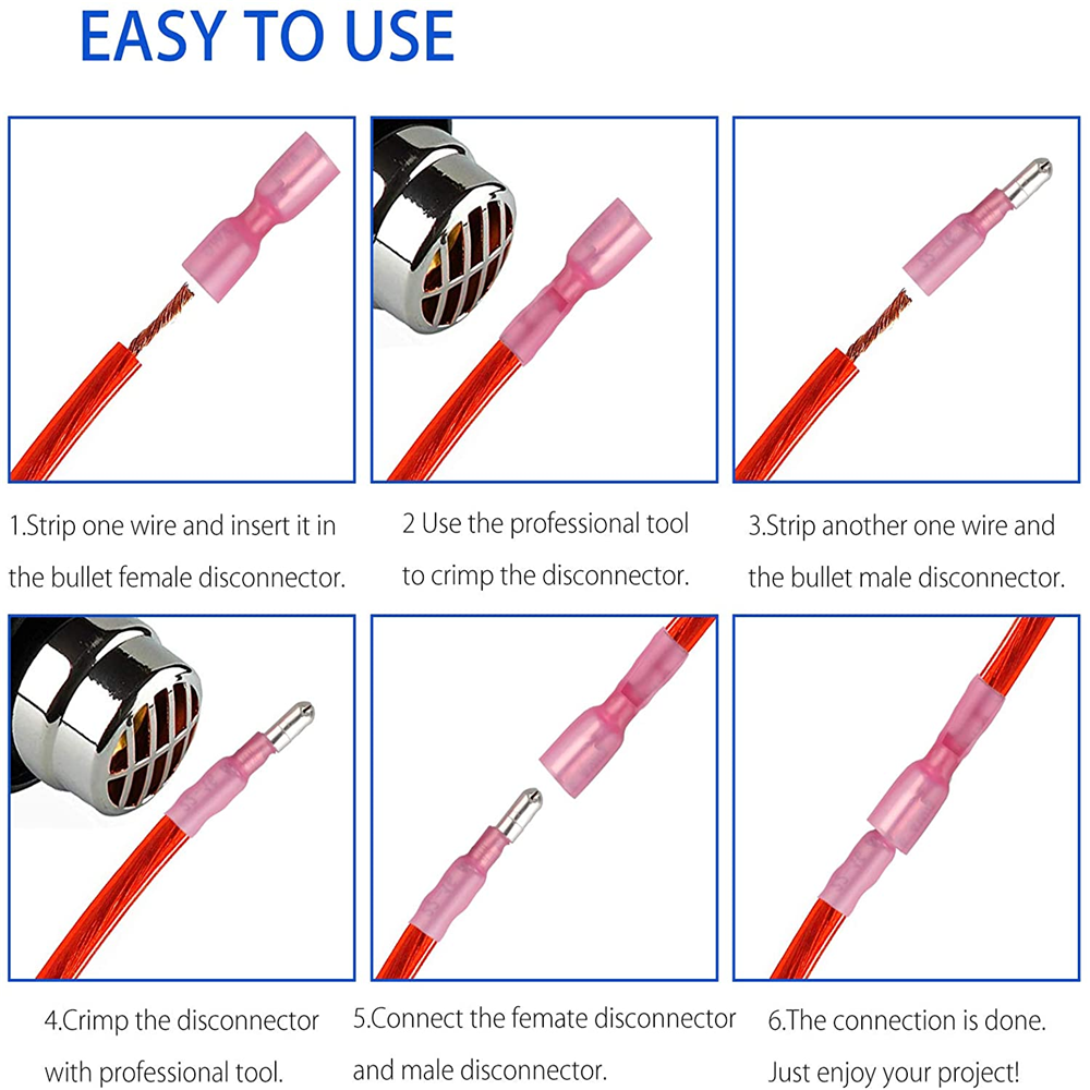 200Pcs Heat Shrink Bullet Wire Connectors 22-10AWG Female Male Crimp Terminals