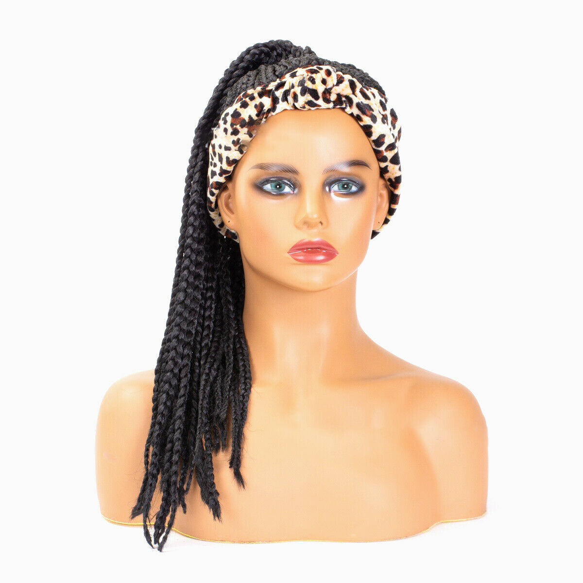 Black Womenâ€˜s Box Braids Wrap Wigs High Ponytail Wig Leopard Turban Headband Wig