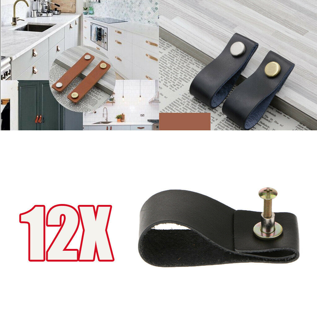 Set of 12 PU Leather Cabinet Pulls Closet Door Knob Handle Handmade Black