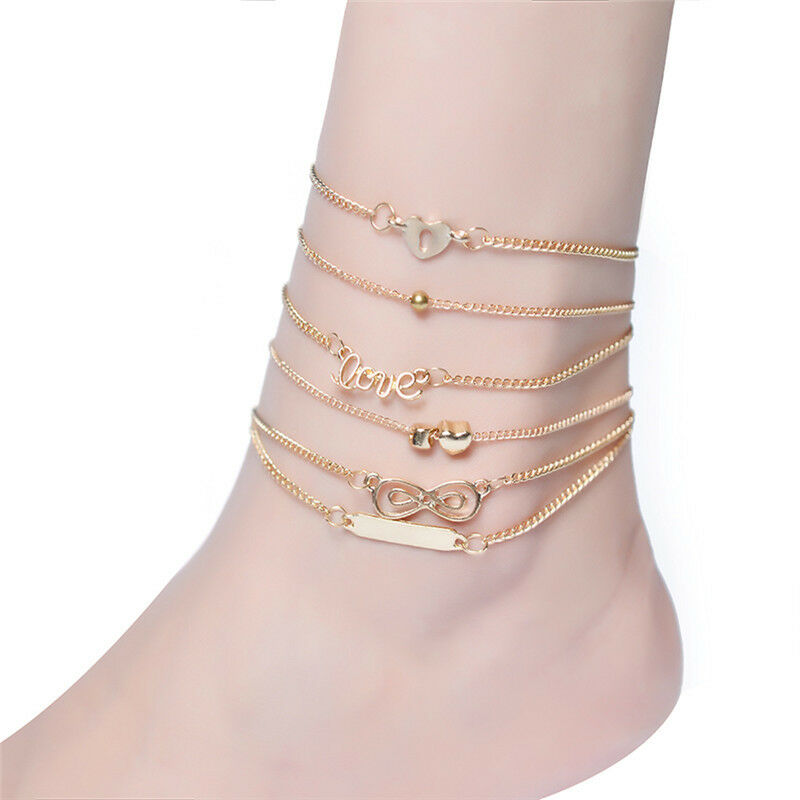 6PCS Boho Multilayer Heart Infinity Anklet Foot Chain Ankle Bracelet Jewelry  Qx