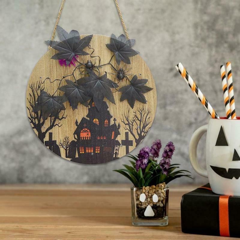 Halloween Maple Leaf Haunted House Glowing Front Door Hanger Decor Entryway Wall
