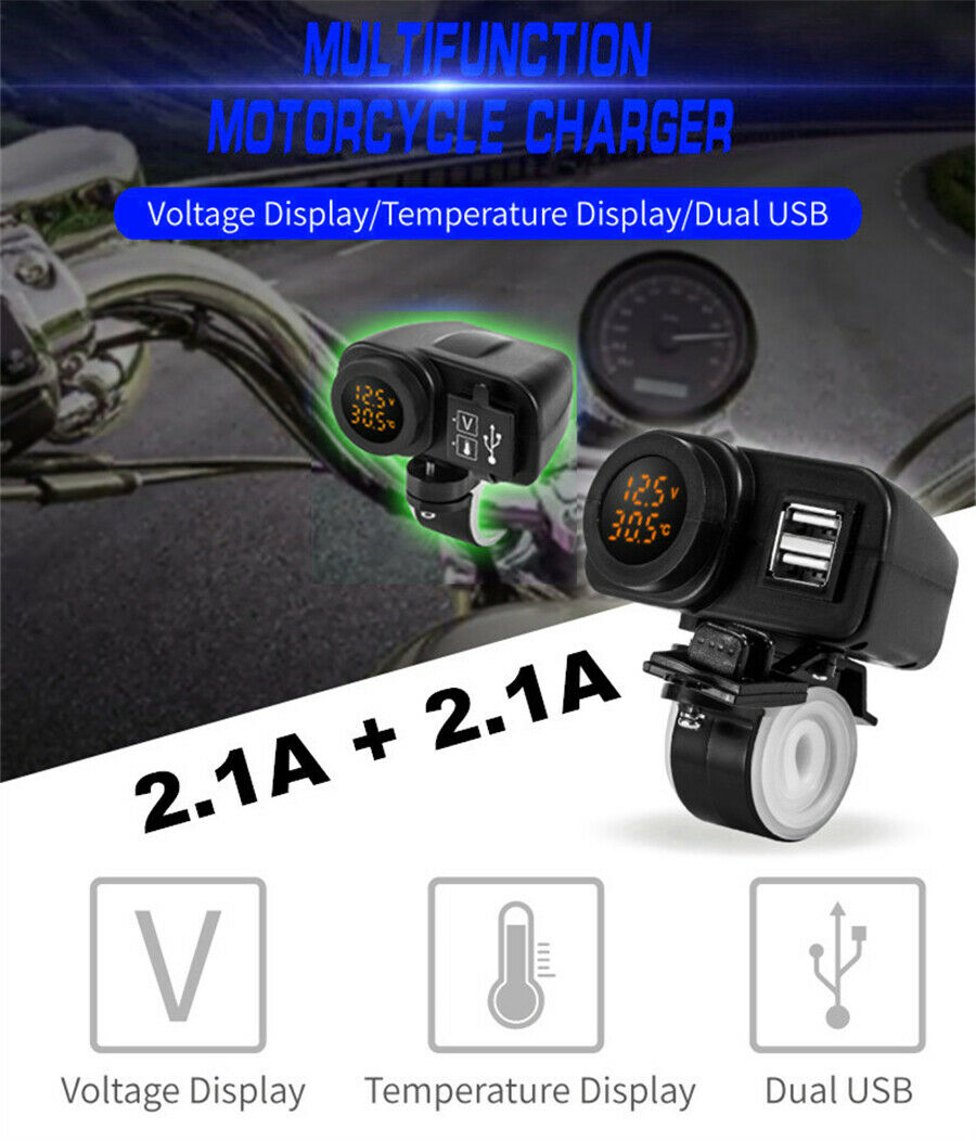 LED Dual USB Charger Voltmeter Thermometer For Motorcycle Scooter Handlebar 1x
