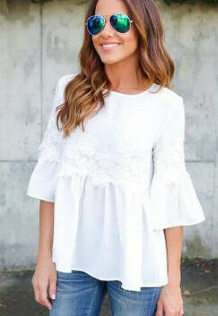 Womens Fashion Ladies Lace Chiffon Long Sleeve Loose Casual Blouse T-Shirt Tops