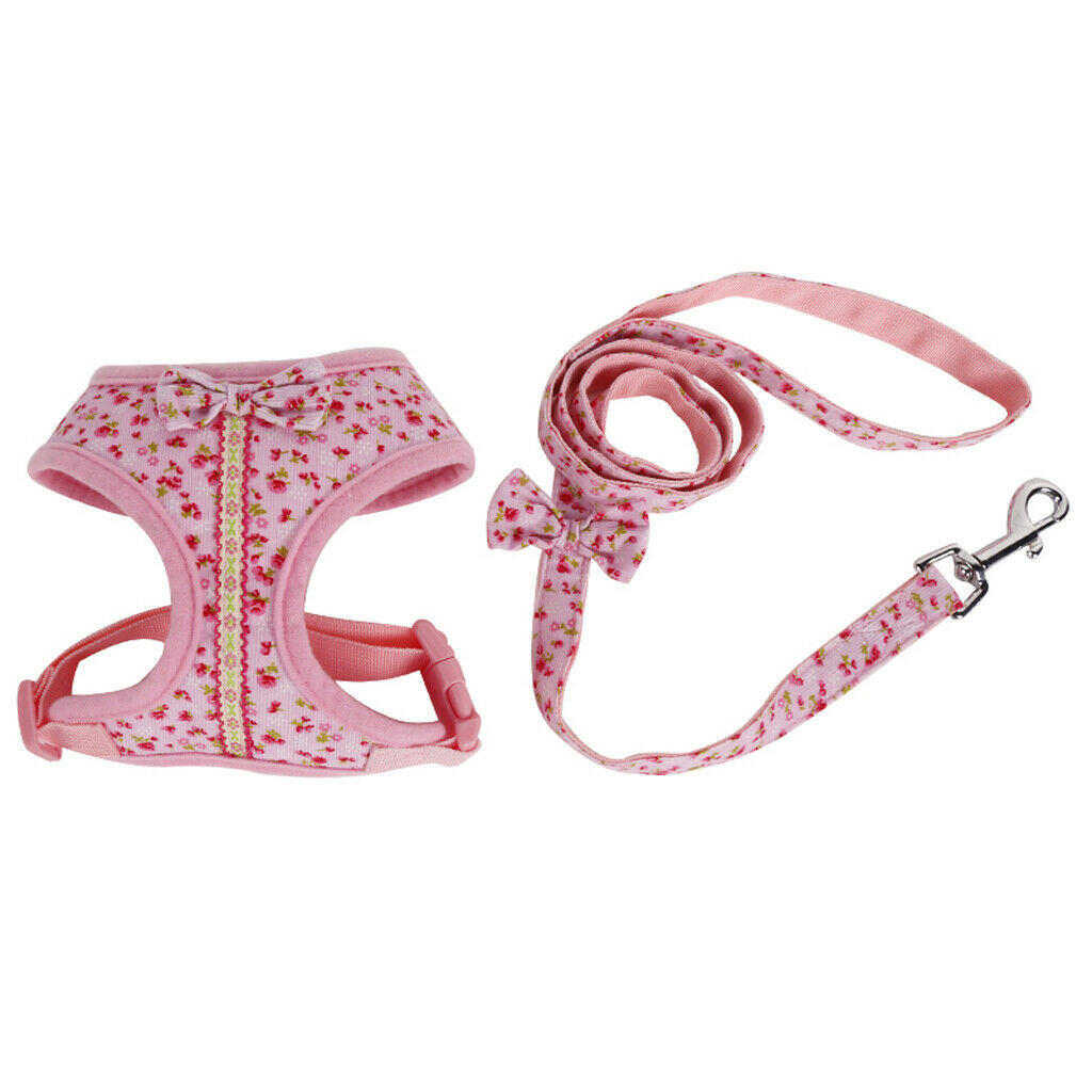 Sweet Floral Dog Puppy Harness Leash  Walking Collar Vest Strap Pink M