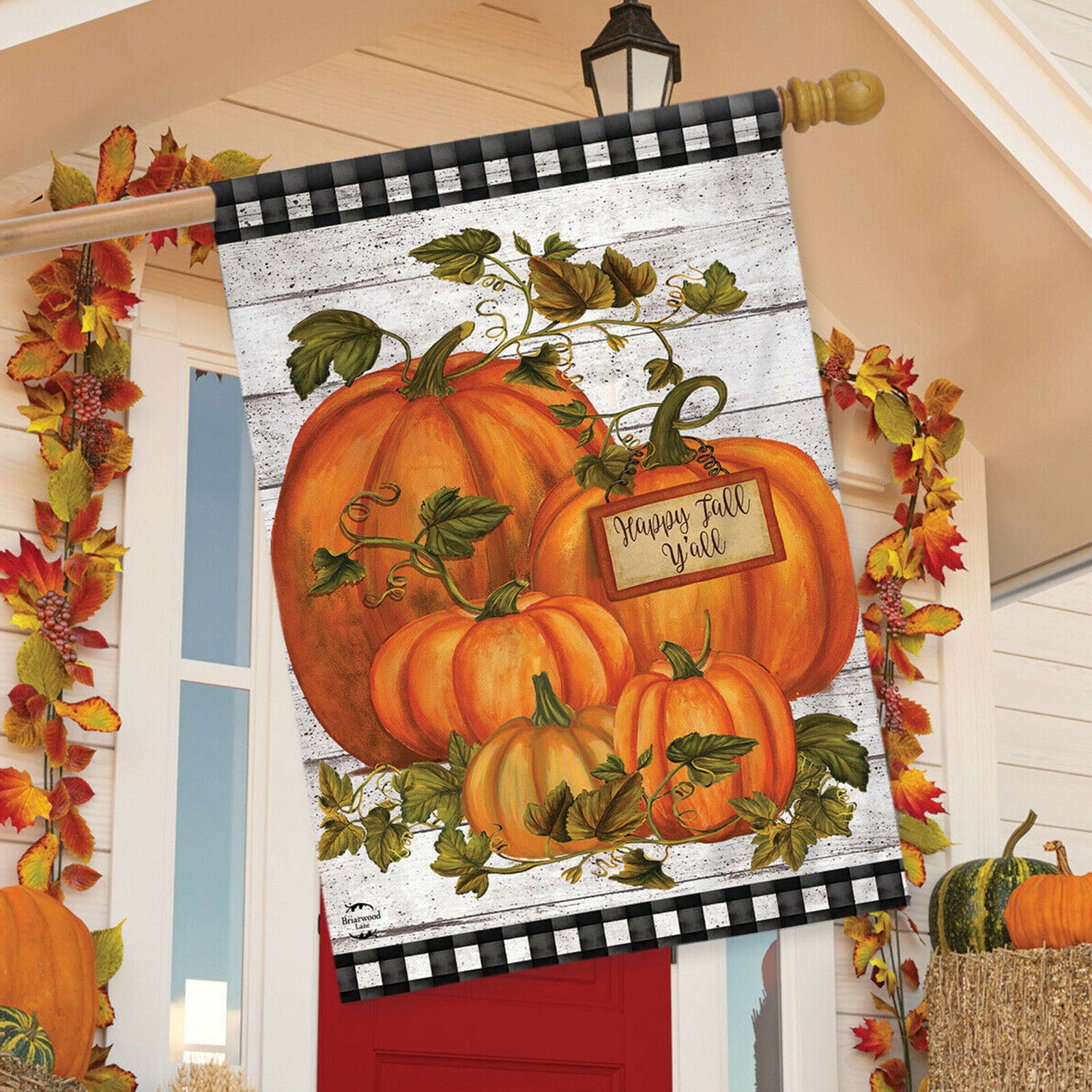 Happy Fall Y'all Pumpkins Farmhouse House Flag Autumn Checkers 28" x 40"
