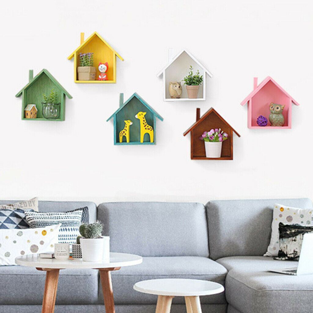 2x Wooden House-shaped Wall Storage Shelf Kids Room Decoration Display Shelf