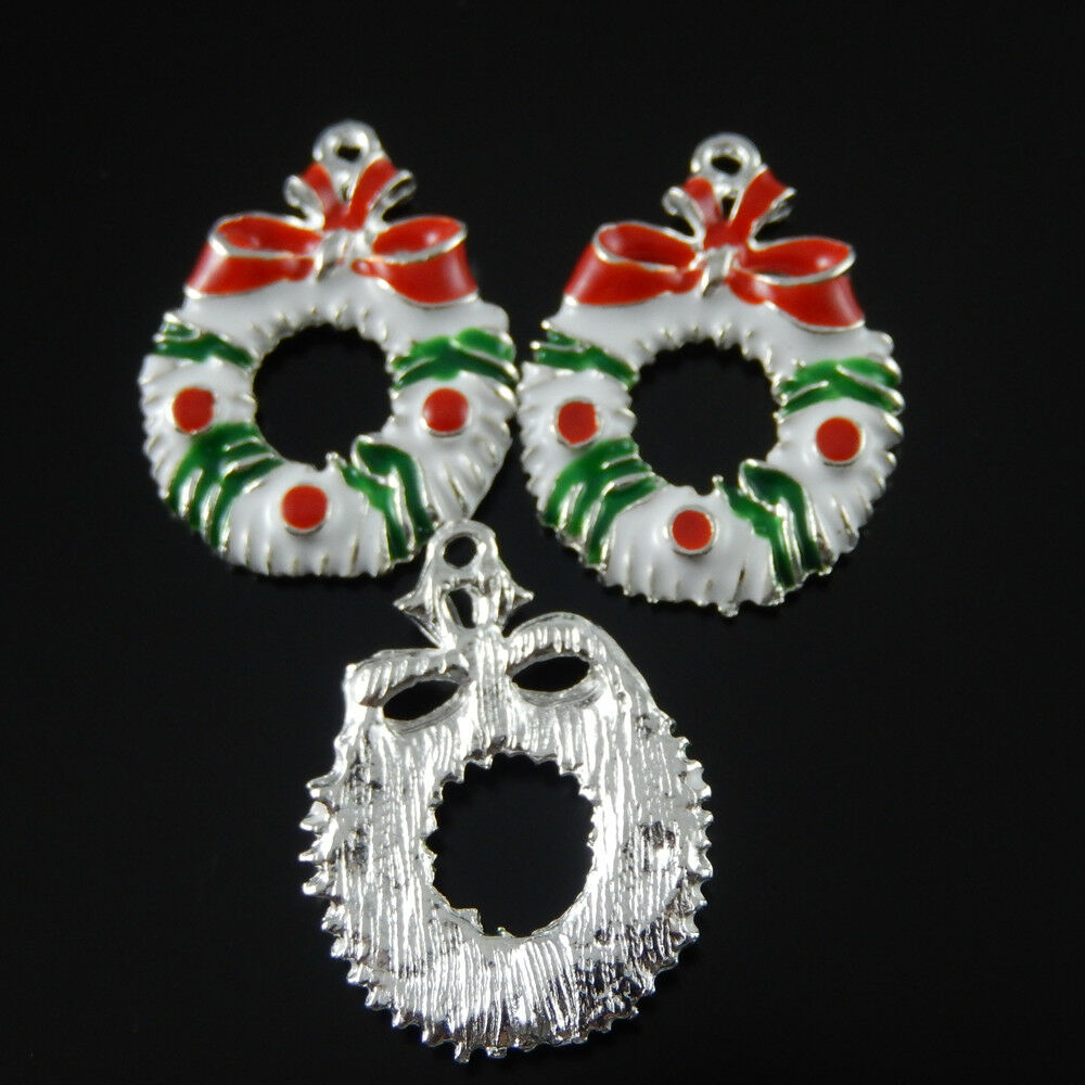 Lot of (x10) Christmas Floral Garland Craft Charm Oil Drip Pendant 27x19x3mm
