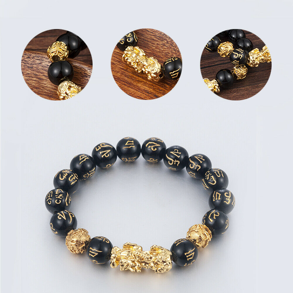 Feng Shui Black Obsidian Big Pixiu Bracelet Wealth Luck Dragon Glass Jewelry AU