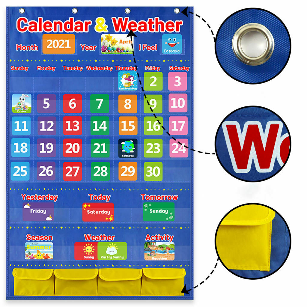 Classroom Calendar Pocket Chart with 114 Cards, 44.5”x 28”School Calendar