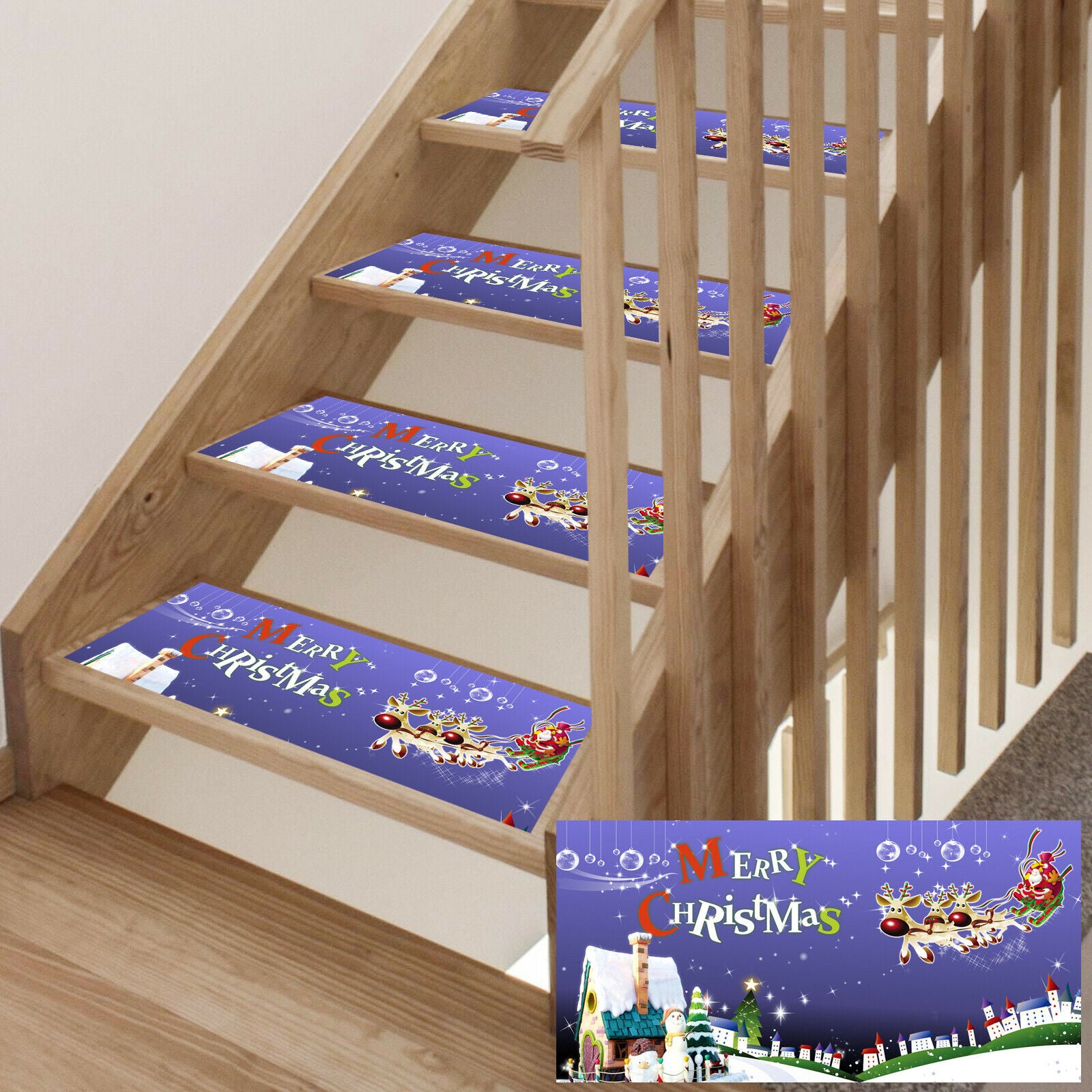 Christmas Stair Treads Carpet Rugs 8" x 30" Indoor Mats Cover Red Blue Holiday